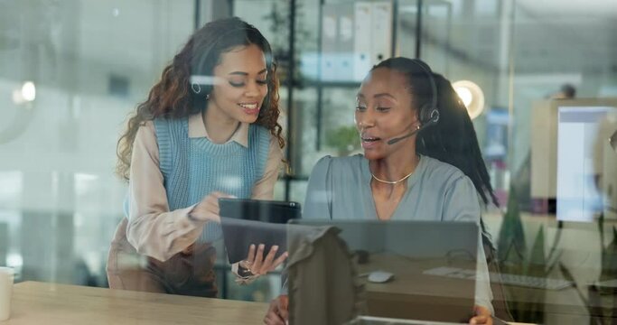 Teamwork, call center and women on tablet for discussion, customer support and advice in training. Collaboration, communication and workers on pc for planning, contact and CRM service with manager