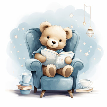 A cute brown teddy bear reading a book. can be used for a t-shirt print, a kids' wear fashion design or a baby shower invitation card.