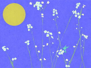 Ilustracja kwiaty niezapominajki na jasnym niebieskim tle koliber nad kwiatem i zachodzące słońce.