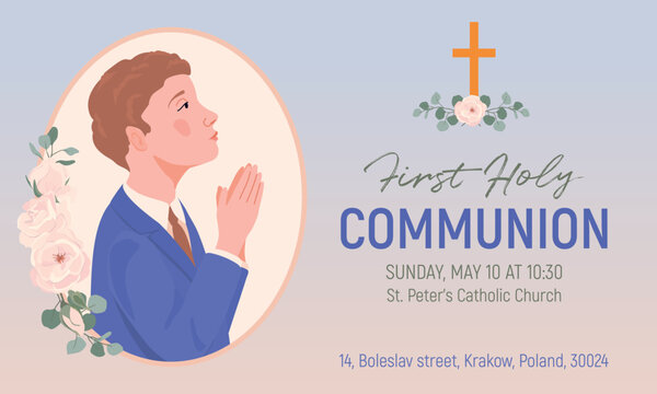 A boy in a smart suit for the first communion. Vector. An invitation to celebrate the sacrament of the Eucharist. Young Catholic in a round frame with flowers.