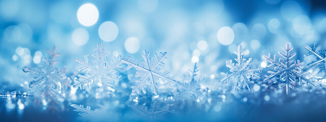 Snowflakes closeup on a blue background. The background is a blue gradient with white circles representing bokeh. Cold and wintery mood.