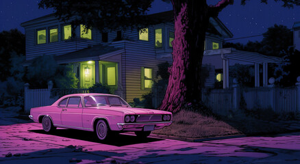 Obraz premium A pink classic car with a long hood parked in front of a two-story house at night. The scene is set at night with a purple sky and stars. Nostalgic 80-90s mood.