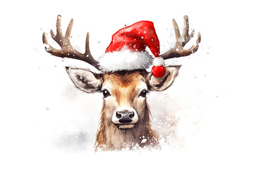 Picture of colored drawing of christmas reindeer wearing santa hat. Concept Christmas card.Close up.Copy space.Generative AI