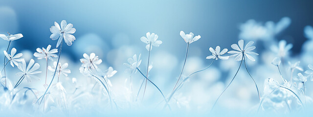 A field of white swaying in the wind flowers with thin stems on a blue background. The background is blurred with a gradient of blue. Dreamy and peaceful mood. - obrazy, fototapety, plakaty