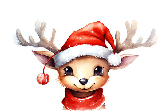 Picture of colored drawing funny of christmas fawn wearing santa hat. Concept Christmas card.Close up.Copy space.Generative AI