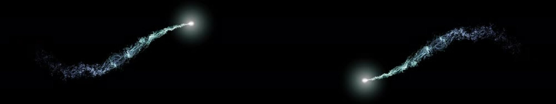 Ultra-wide video mapping loop of two magical light flares with glowing particle trails on black background