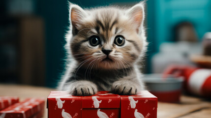 Naklejka premium The perfect Christmas present. Little cute baby animal, cute cat next to the gift box. Holiday illustration.