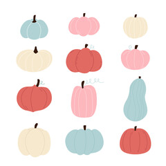 Set of colorful pumpkins of different shapes.