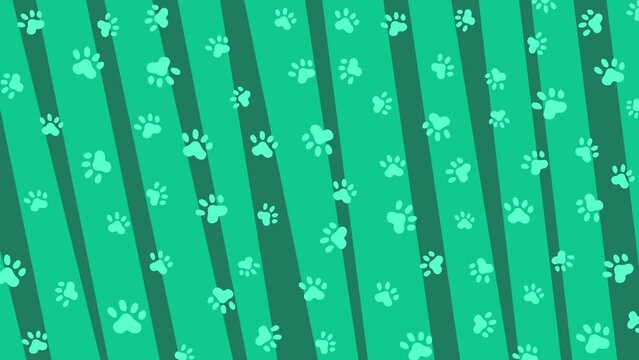Green zoological looped background with dog paw prints pattern. Oblique broken lines. Looped motion graphics.
