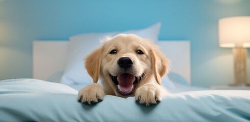 Dog in a bed is smiling, close-up, humorous