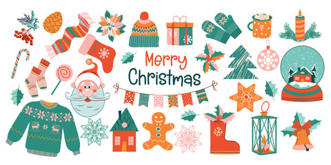 Big Christmas set of festive symbols and design elements. Stickers set. Hand drawn style.