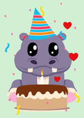 Celebrate birthdays with this delightful flat vector illustration featuring an adorable cartoon hippopotamus wearing a birthday hat and sitting in front to a birthday cake