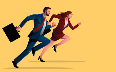 Fototapeta na wymiar Competitive running race, a businesswoman and a businessman symbolise not only a pursuit of victory but also the broader themes of gender equality and emancipation in the professional sphere