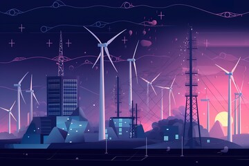 Vector illustration showing clean and polluting electricity generation production. Polluting fossil thermal coal and nuclear power plantssolar panels and wind turbines renewable energy.  Generative AI - obrazy, fototapety, plakaty