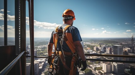 A construction foreman inspecting the safety measures and harnesses of workers on a suspended platform outside a skyscraper. Generative Ai