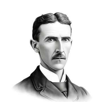Black and white vintage engraving, headshot portrait of Nikola Tesla, serious looking expression, facing camera, white background, greyscale - Generative AI