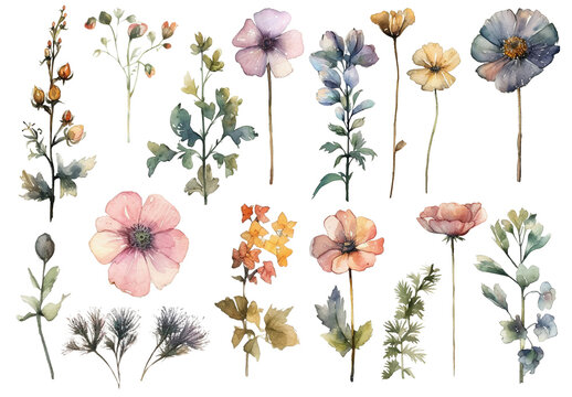Watercolor painted flowers. Hand drawn flower design elements isolated on white background.