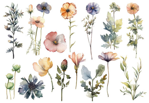 Watercolor painted flowers. Hand drawn flower design elements isolated on white background.