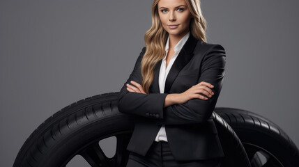 Fototapeta na wymiar Businesswoman dealer surrounded by tires on white background