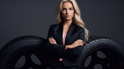 Businesswoman dealer surrounded by tires on white background - obrazy, fototapety, plakaty