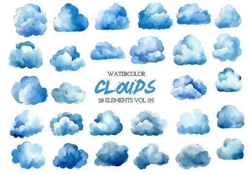 Watercolor painted blue clouds. Hand drawn design elements isolated on white background.