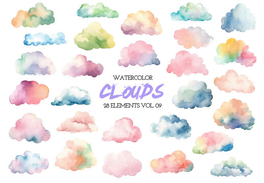 Watercolor painted colorful clouds. Hand drawn design elements isolated on white background.