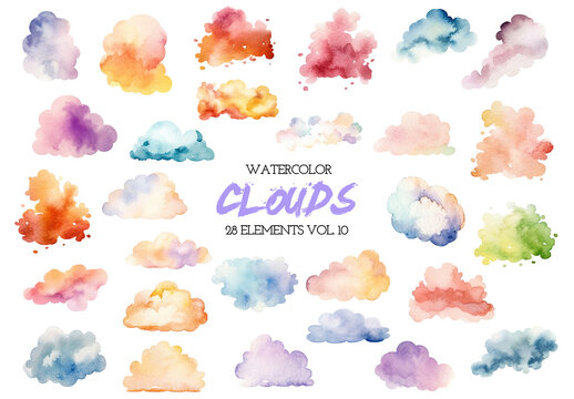 Watercolor painted colorful clouds. Hand drawn design elements isolated on white background.