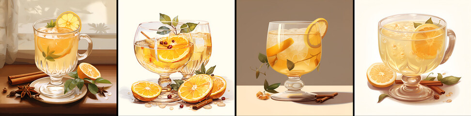 Set of grog and punch drink illustrations. Warm alcoholic autumn or winter cocktails made of rum, sugar and fruit juice, lemon and spices. White wine sangria. Traditional warming and festive drinks