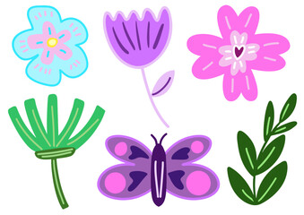 Enhance your creative projects with this doodle icon set, featuring a collection of flowers, butterfly, and leaves. Perfect for greeting cards, invitations, scrapbooks, and more