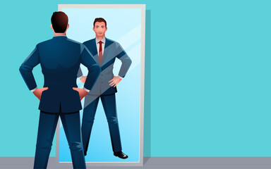 Well dressed businessman standing proudly with hands on hips in front of a mirror. Representation of self motivation, determination, strong business persona, professionalism, and leadership