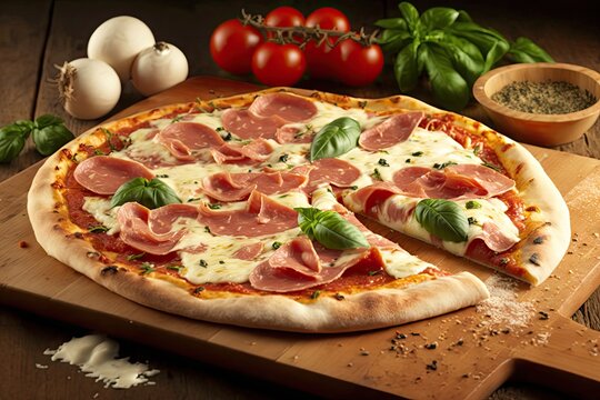 Pizza with ham, mozzarella and basil on wooden table