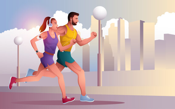 Couple jogging and running outdoors with cityscape in the background, fitness and healthy lifestyle concept