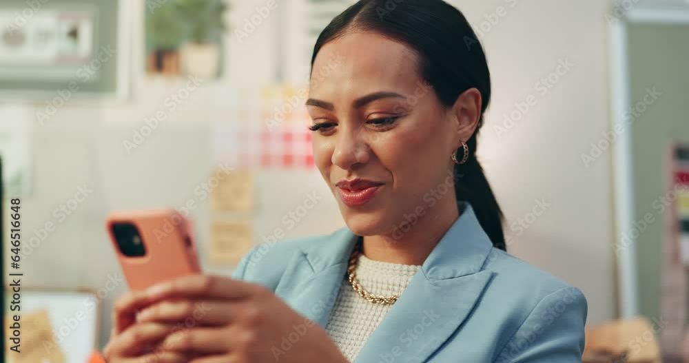 Aufkleber phone, text and business woman in office happy for social media, message or networking notification.