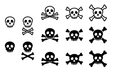 skull skelton pirate bone crossbones halloween danger warning caution cartoon silhouette set vector illustration graphic design art flat icon symbol sign dark shadow 