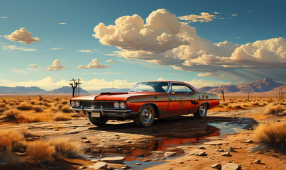 Natural landscape of the valley with a retro car.
