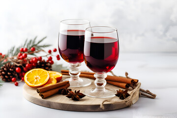 Two glasses of mulled wine on light background, copy space. Warming red wine drink. Glass of hot red wine drink with spices, orange slice, cinnamon stick and anise stars. Mulled wine banner