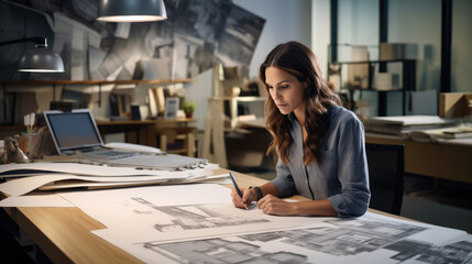 Construction concept of female engineer or architect working making blueprint in office.