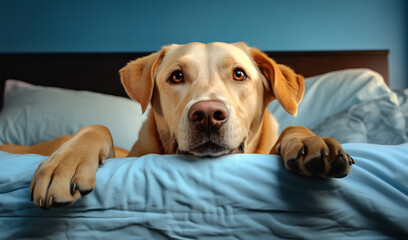 Dog on a bed, close-up, humorous photo