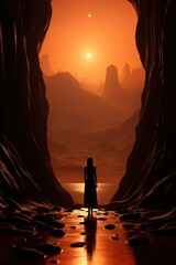 a woman standing in a cave - 646517454
