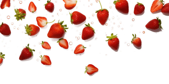 a scattering of ripe strawberries and leaves, png file of isolated cutout object on transparent background.