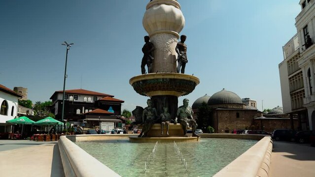 Philip II Square in Skopje. Large fountain with a statue of Philip II of Macedon. Statue of Philip II of Macedonia on top of the fountain in Skopje