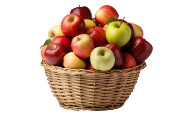 colorful ripe apples in a wicker basket, isolated object on transparent background. png file