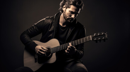 Male musician playing guitar on dark background