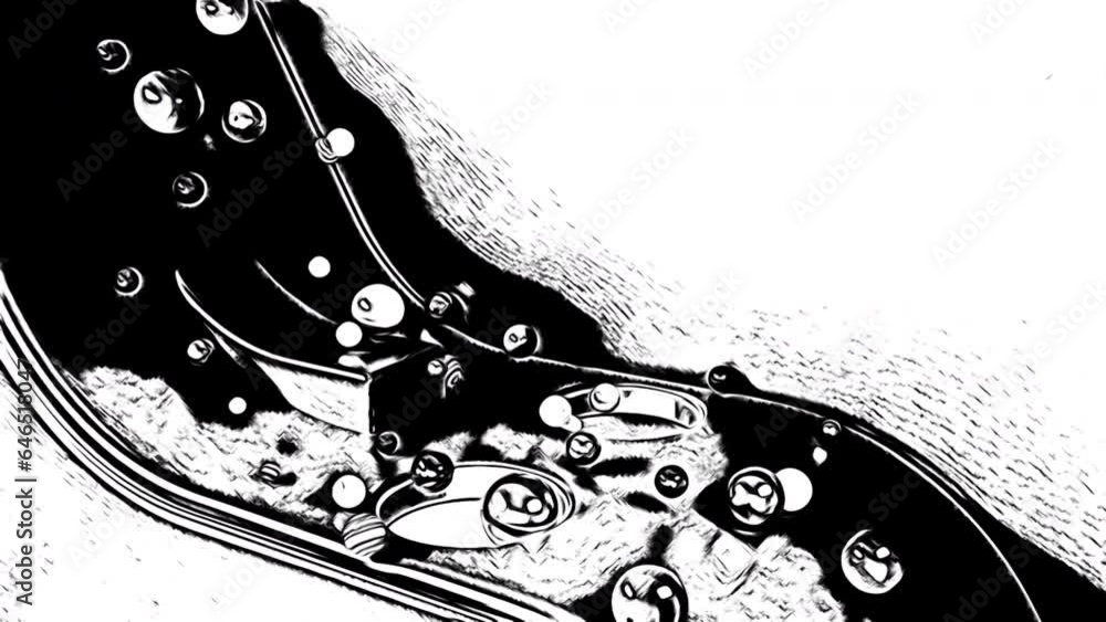 Poster monochrome cartoon pattern with falling balls. animation. black and white objects of different size 