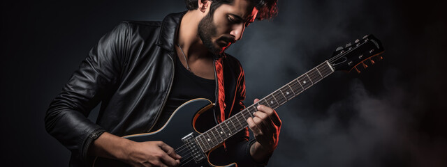 Male musician playing guitar on dark background - obrazy, fototapety, plakaty
