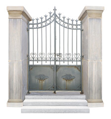 Gothic style old door with marble columns and stairs