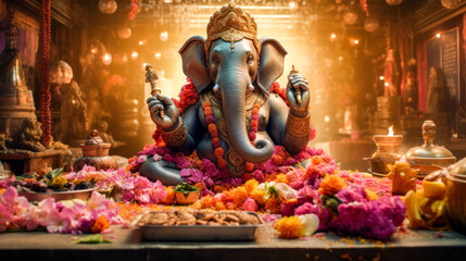 Festive Ganesha Statue with Temple Decorations AI Generated