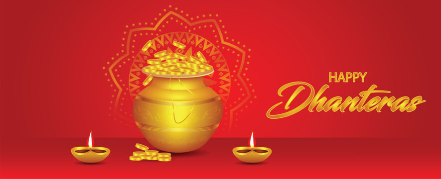 happy dhanteras Indian festival Gold coin in pot with diya for Dhantera celebration on Happy Diwali light festival of India