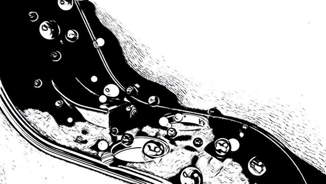 Monochrome cartoon pattern with falling balls. Animation. Black and white objects of different size and shape.