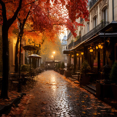 autumn landscape of Paris, park fountains, fallen leaves